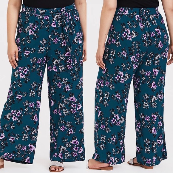 torrid Pants - Torrid | Teal Floral Challis Wide Leg Pants